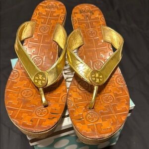 Tory Burch Gold and Tan Flip-Flops